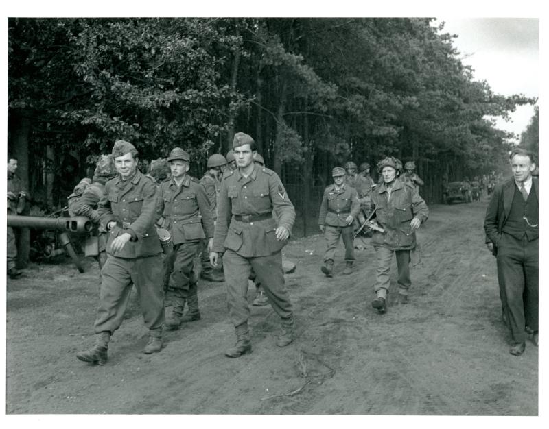 German POWs being brought in by Sgt. Stevie Smith of Divisional HQ. 