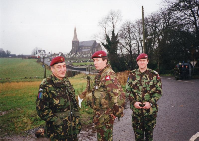 Mike Jackson with B Coy's Major Bashall and Lt Col Shaw at Drumcree Church, NI June 1999