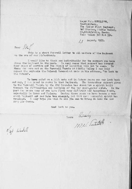 SSgt Wastell, Letter of Disbandment, from Major MW Sutcliffe (1957)