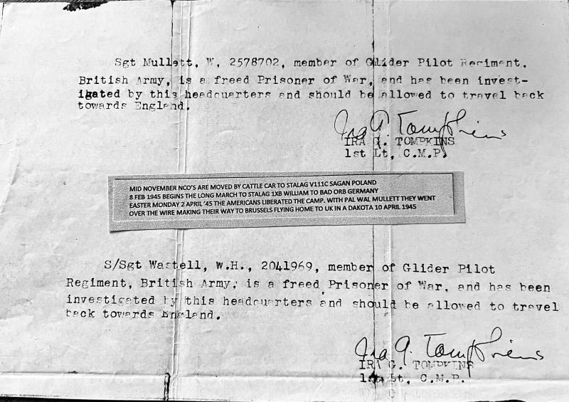 SSgt Wastell, Walter Mullett Permissions to travel on POW Release (1945)