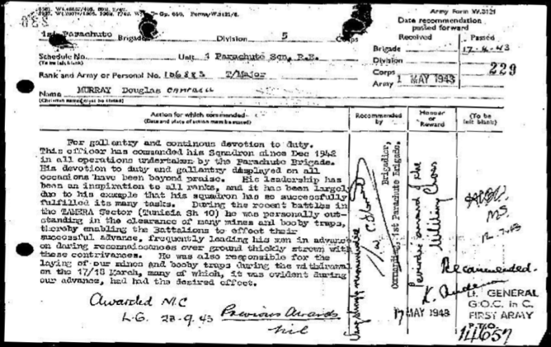 OS Maj.DC Murray 1 Para Sqn, RE 1943 MC Citation (1)