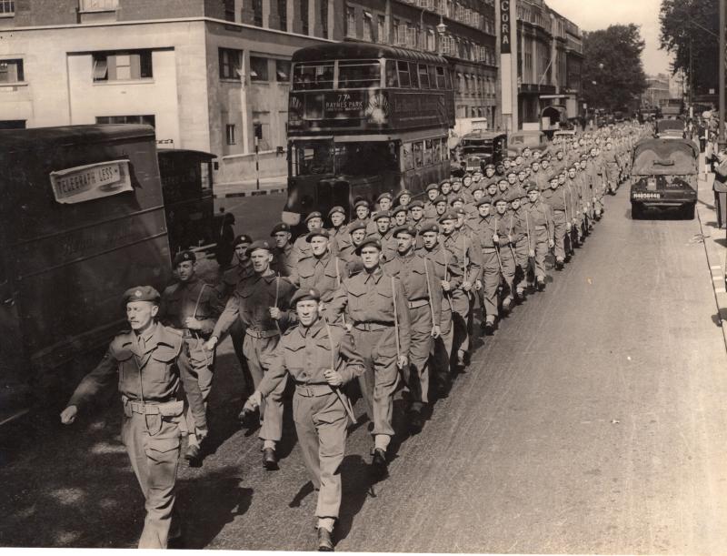 Lieutenant Colonel Allen Parry marching at the head of a column in London