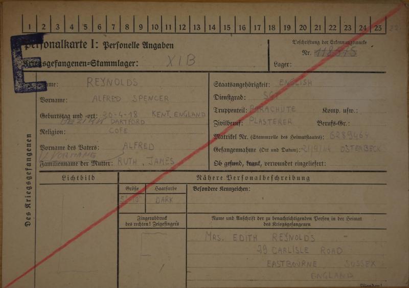 OS Sgt.A.S.Reynolds. 2 Para Bn. POW Card (1).