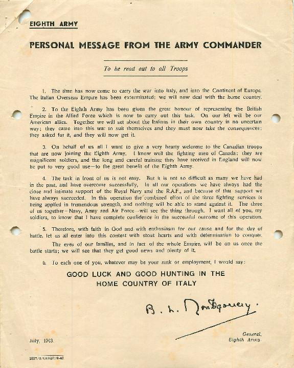 Personal Message From General Montgomery, Commander Of The Eighth Army ...