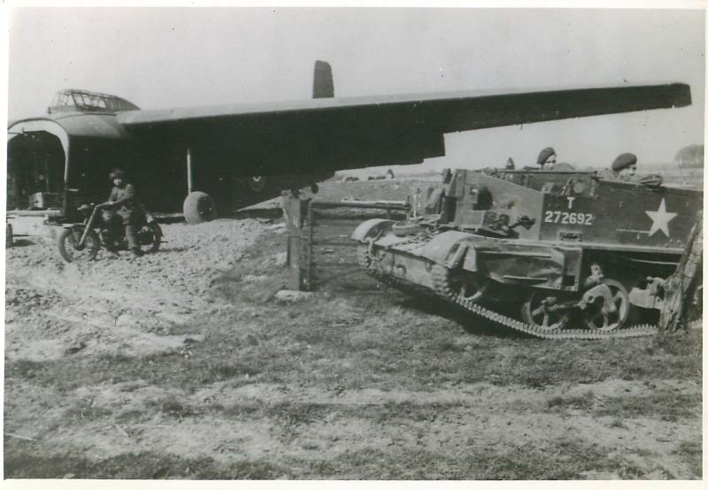 A Hamilcar glider, airborne motorcycle and tank on the Rhine Crossing landing zone. 