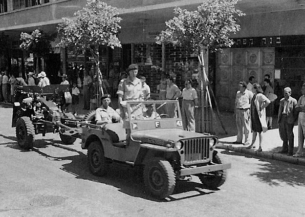 87 Airborne Field Regt on King's Birthday Parade on Kingsway, Haifa, Palestine, 1947