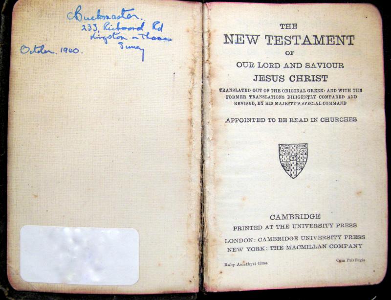 Army Issue Bible given to Charles Buckmaster, 1940. | ParaData