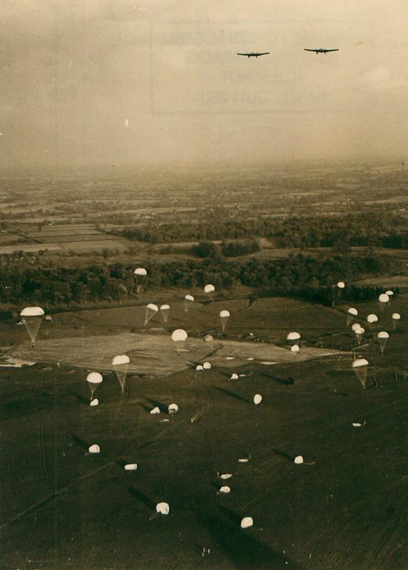 Parachutists descend on a DZ a Tatton Park, after exiting Whitley bombers