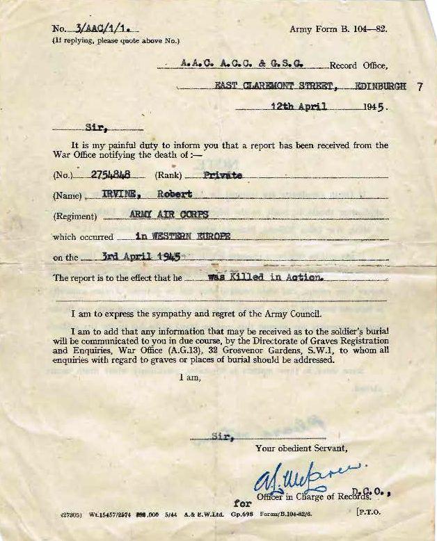 War Office letter regarding the death of Private Robert Irvine, 12 ...